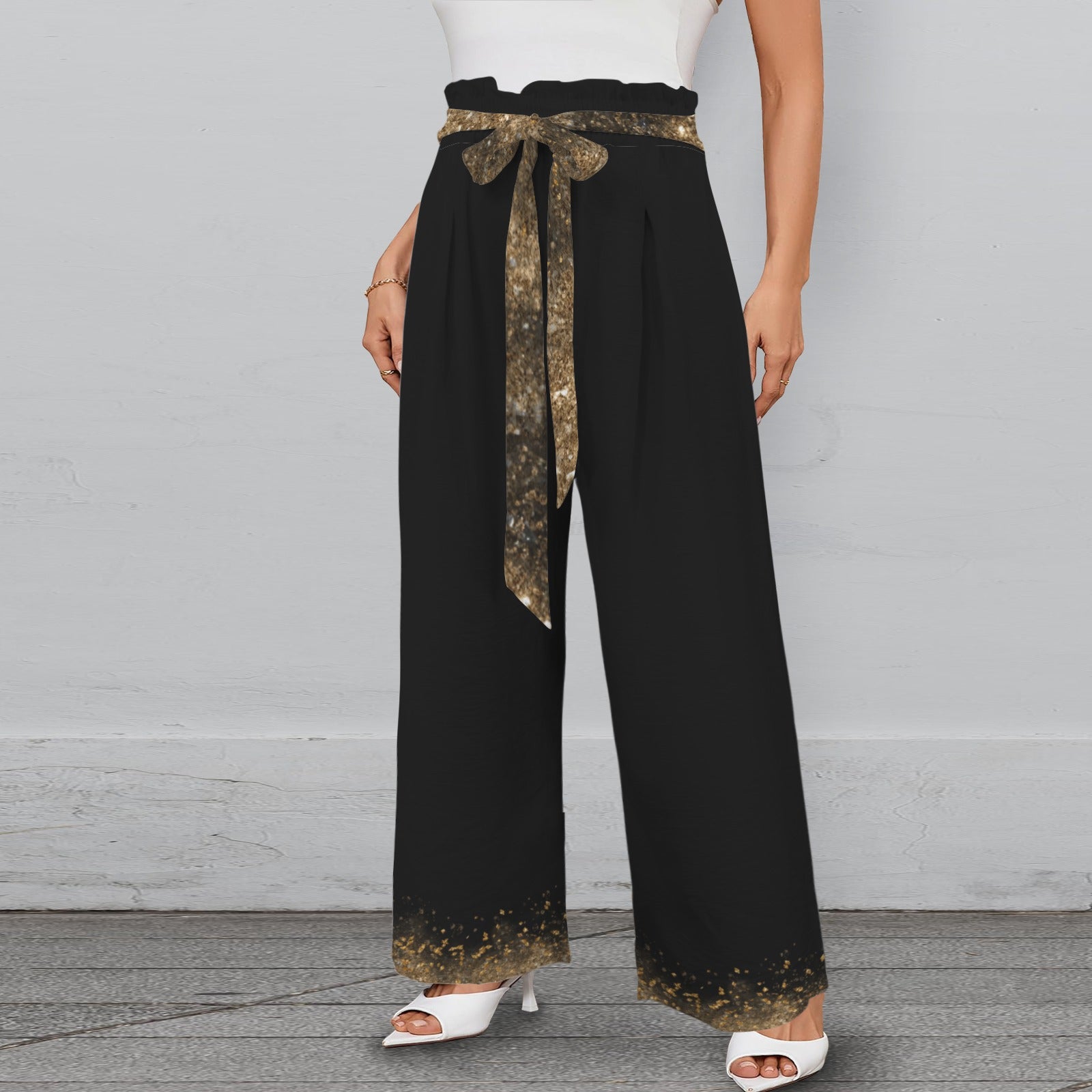 Pantalon large noir à taille élastique à nouer, détails dorés & poches – S à 5XL - Big Smiles All Sizes