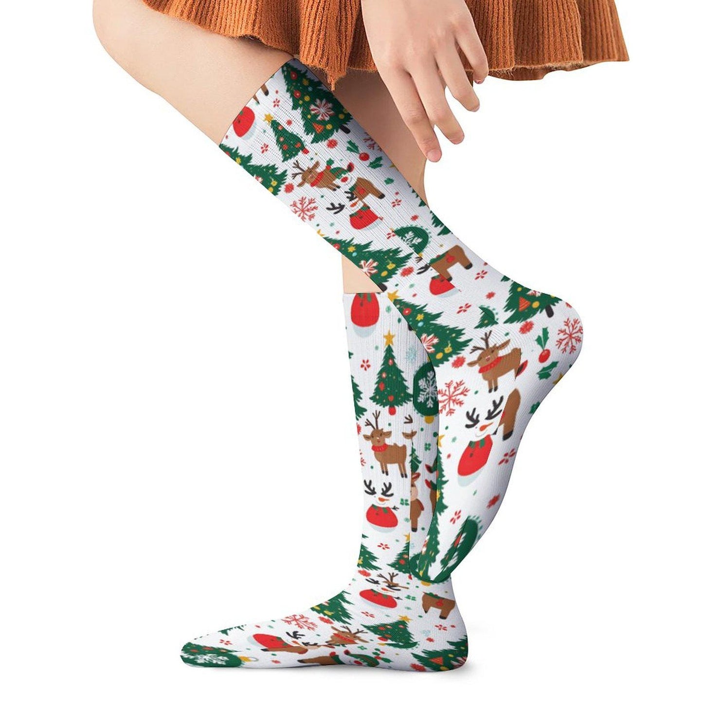 Chaussettes montantes blanches Noël | Rennes, sapins et boules | Respirantes & stretch | Mode inclusive Big Smiles