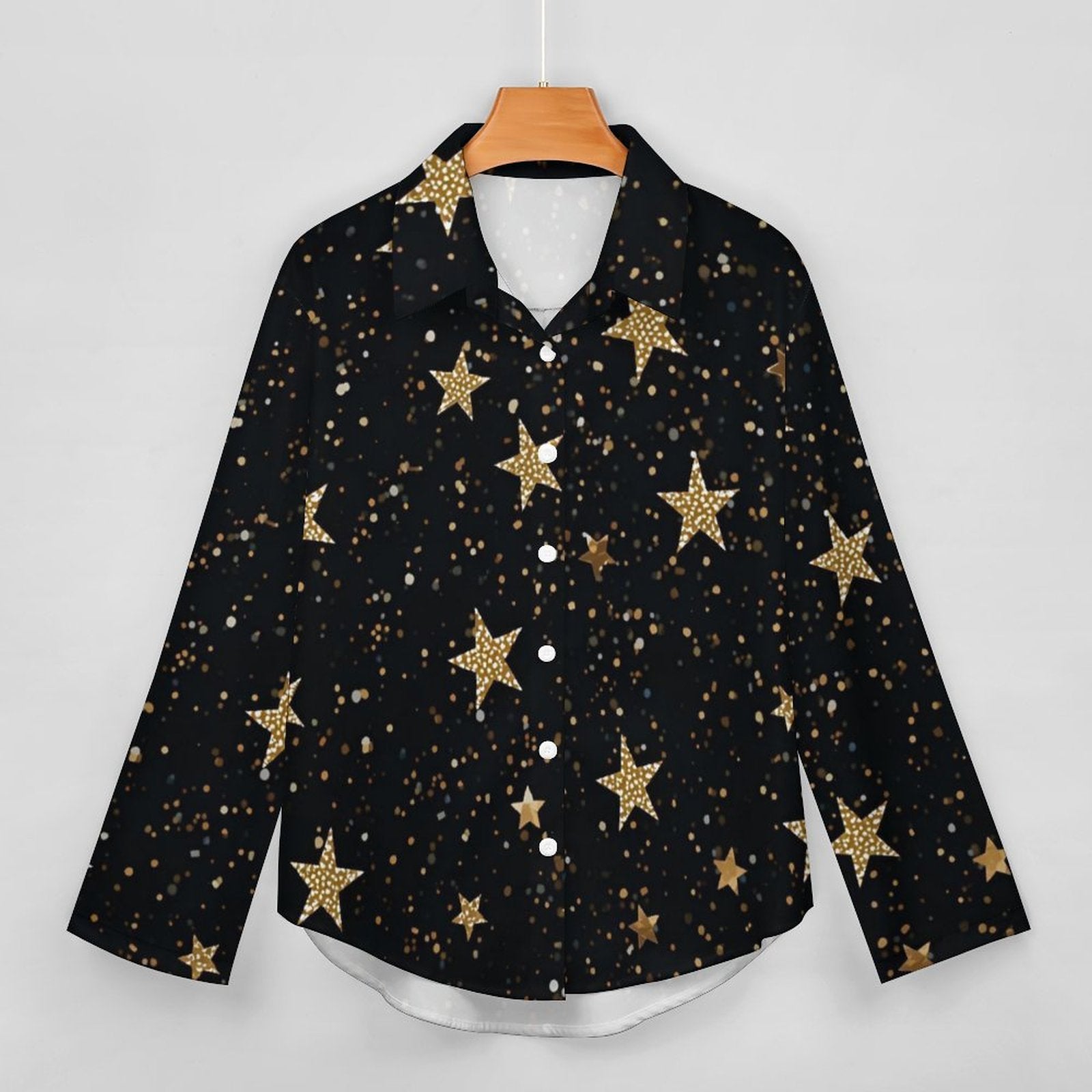 Chemise à ourlet asymétrique étoilée – manches longues, noir doré (S à 8XL) - Big Smiles All Sizes
