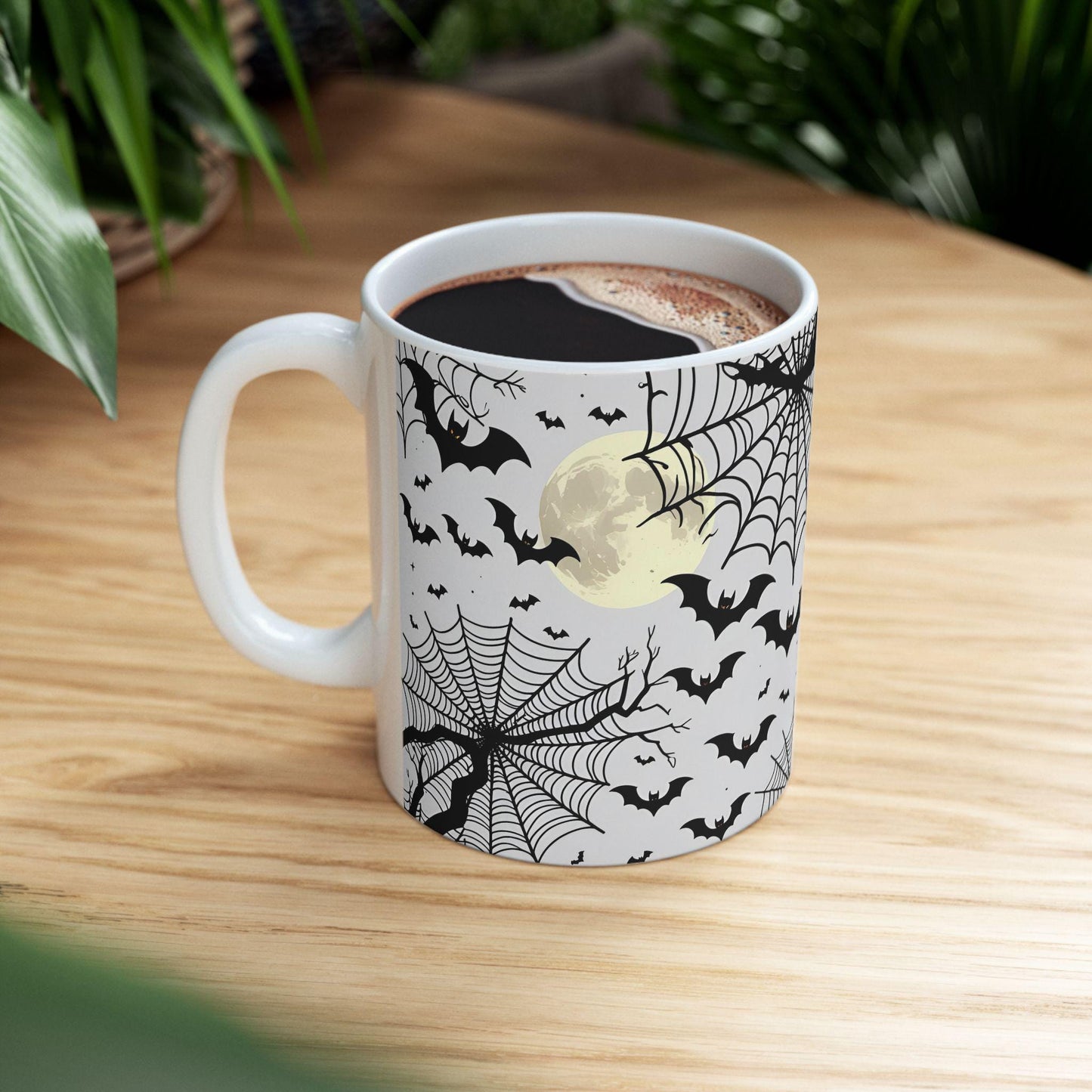 Mug Halloween 0.33 L/0.44 L, Tasse effrayante et mignonne chauves-souris, lune et toiles d’araignées | Cadeau original | Pumpkin Spice Latte