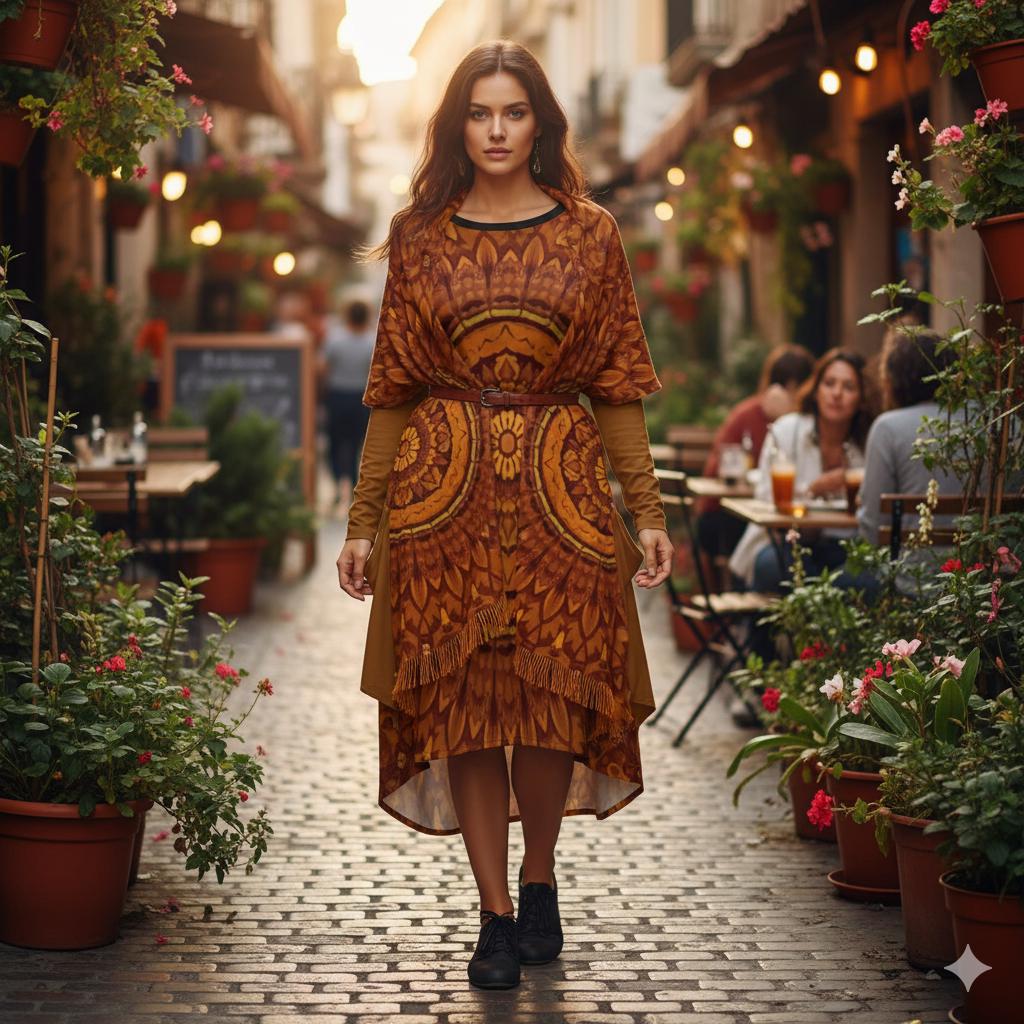Robe ample avec poches S–5XL | Écharpe bohème mandala marron | Tunique longue douce et confortable