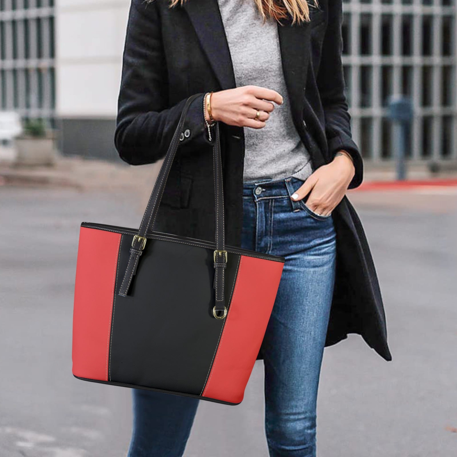 Sac cabas en cuir vegan rouge et noir – Élégance contrastée et style urbain - Big Smiles All Sizes