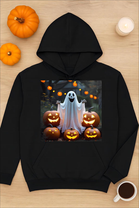 Tailles XS–5XL Sweat à capuche unisexe d'automme pour Halloween avec fantôme et citrouilles, coton mélangé