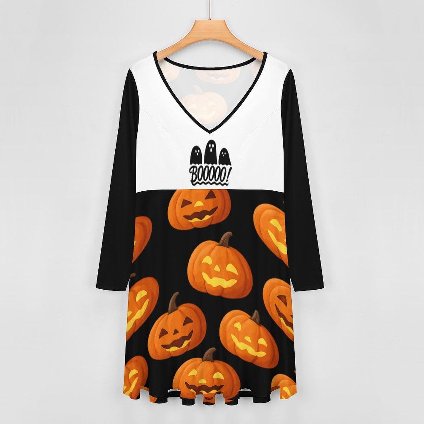 tailles S–8XL Robe noire d’ automme pour Halloween col V, manches longues avec fantômes et citrouilles,