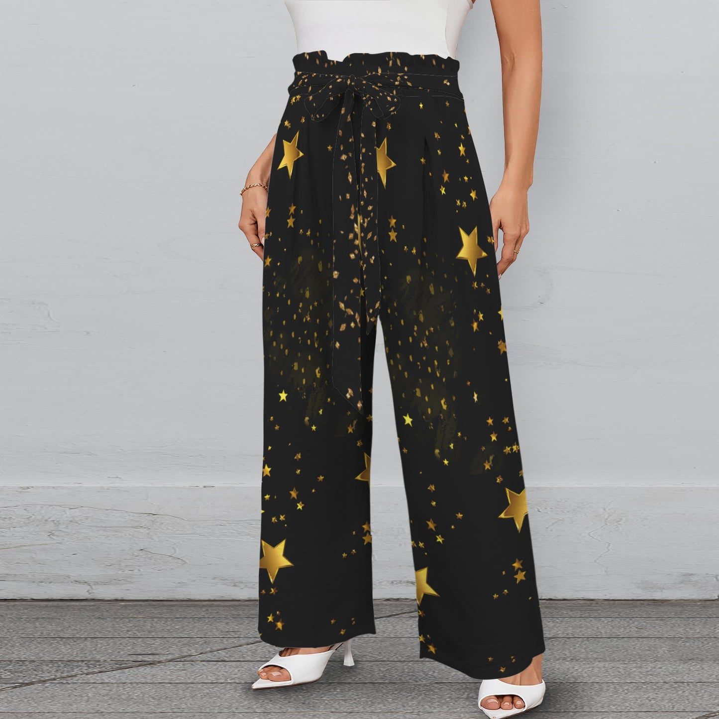 Pantalon large noir à étoiles – taille élastique à nouer & poches (S à 5XL) - Big Smiles All Sizes