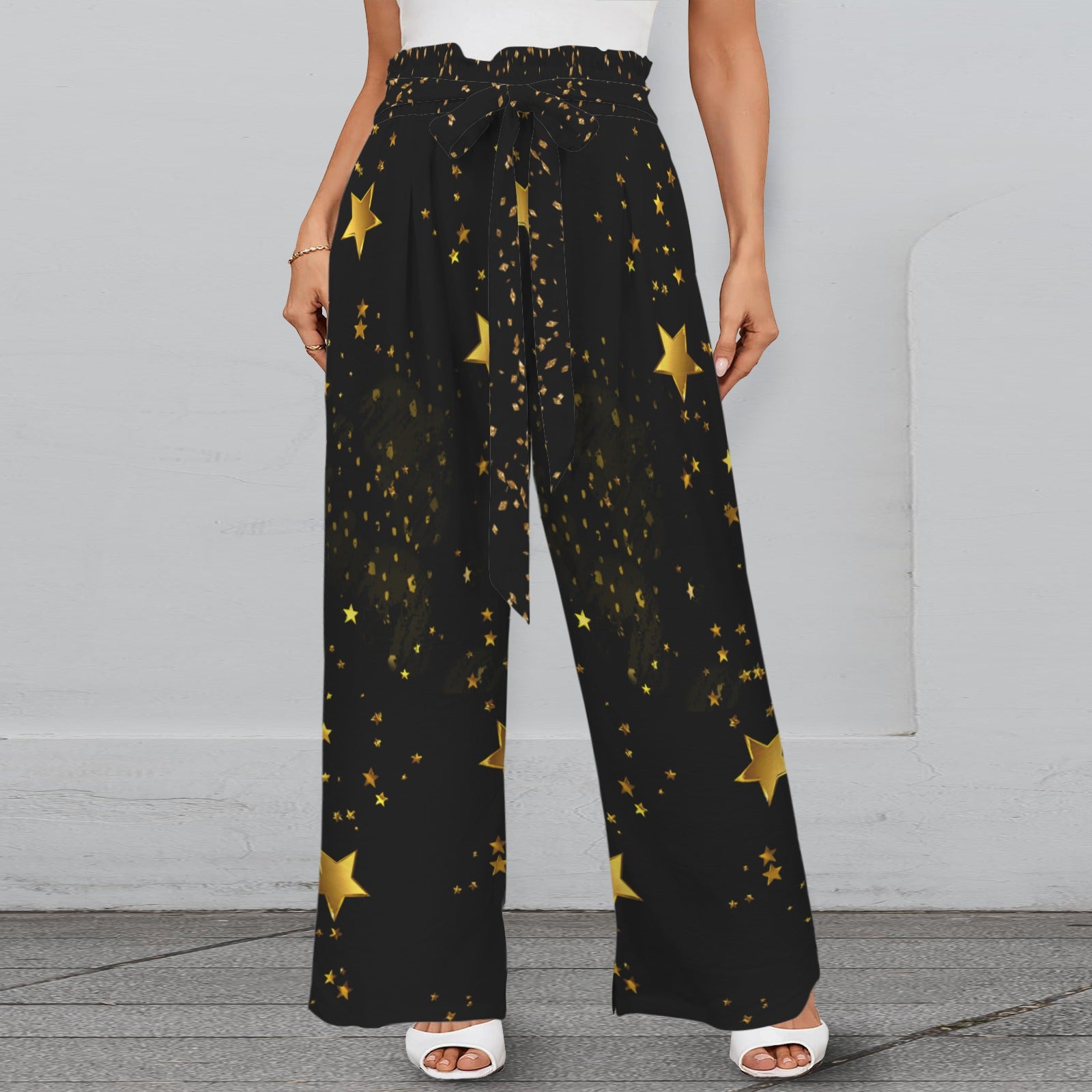 Pantalon large noir à étoiles – taille élastique à nouer & poches (S à 5XL) - Big Smiles All Sizes