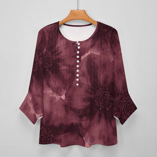 Top femme col V manches 3/4 – imprimé floral bordeaux | Big Smiles