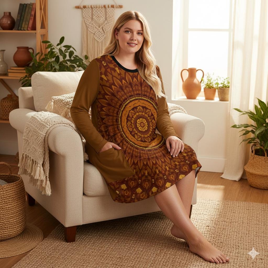 Robe ample avec poches S–5XL | Écharpe bohème mandala marron | Tunique longue douce et confortable