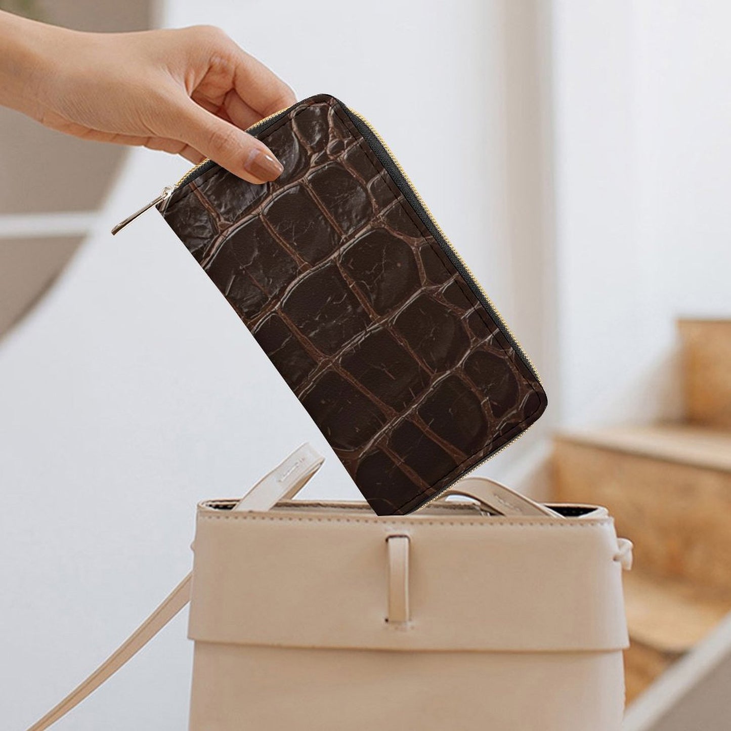 Portefeuille marron foncé effet croco en cuir vegan haut de gamme – Élégance classique et grande capacité - Big Smiles All Sizes