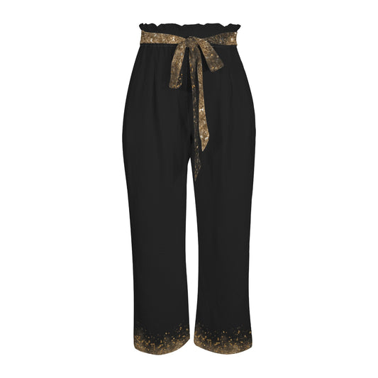 Pantalon large noir à taille élastique à nouer, détails dorés & poches – S à 5XL - Big Smiles All Sizes