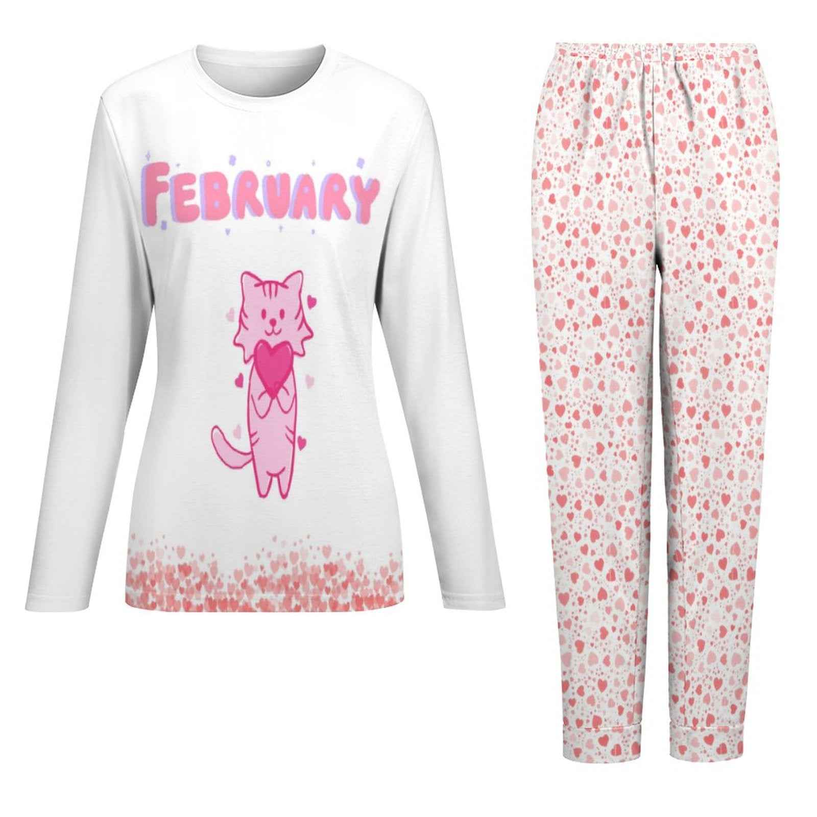 Pyjama « February Cat & Hearts » – Ensemble 2 pièces XS à 6XL | Big Smiles