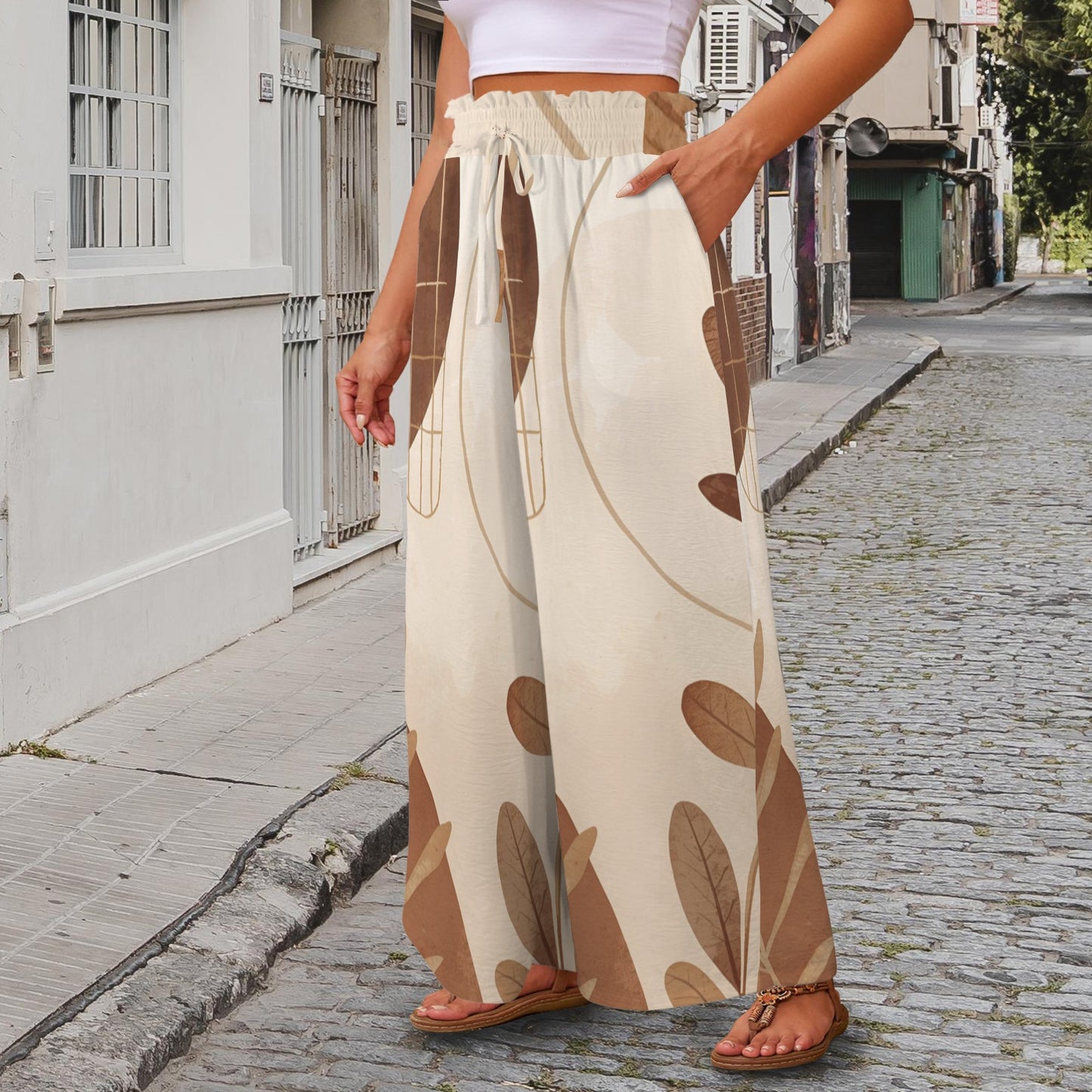 Pantalon large beige motifs feuilles – taille haute élastique à cordon & poches (XS à 5XL) - Big Smiles All Sizes