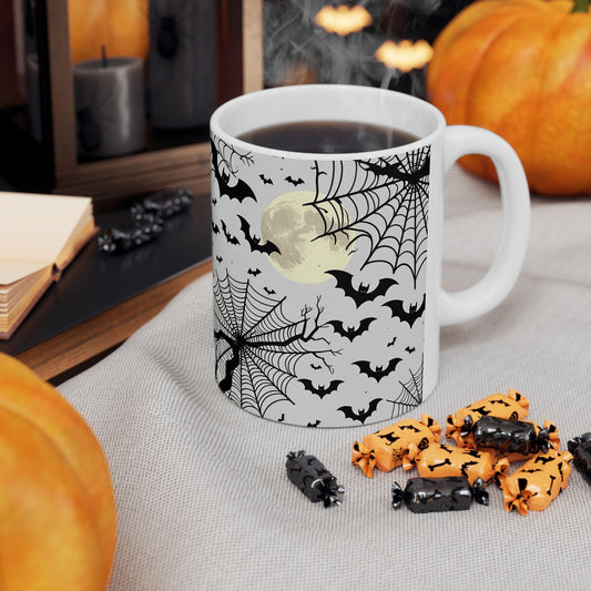 Mug Halloween 0.33 L/0.44 L, Tasse effrayante et mignonne chauves-souris, lune et toiles d’araignées | Cadeau original | Pumpkin Spice Latte