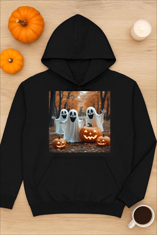 Tailles XS–5XL Sweat à capuche unisexe noir d’Halloween avec fantômes et citrouilles, coton mélangé