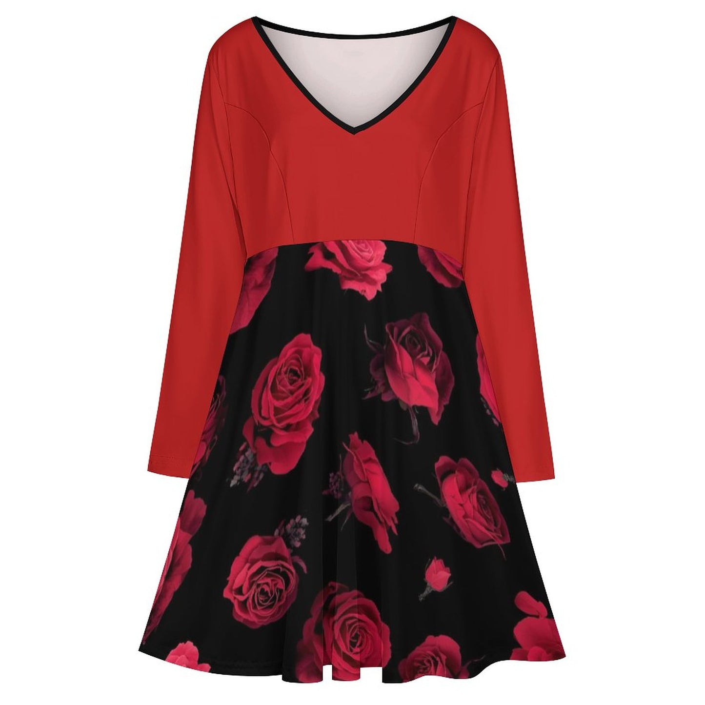 Robe grande taille col V à manches longues – imprimé roses, du S au 8XL - Big Smiles All Sizes