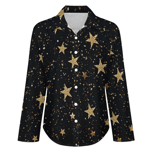 Chemise à ourlet asymétrique étoilée – manches longues, noir doré (S à 8XL) - Big Smiles All Sizes
