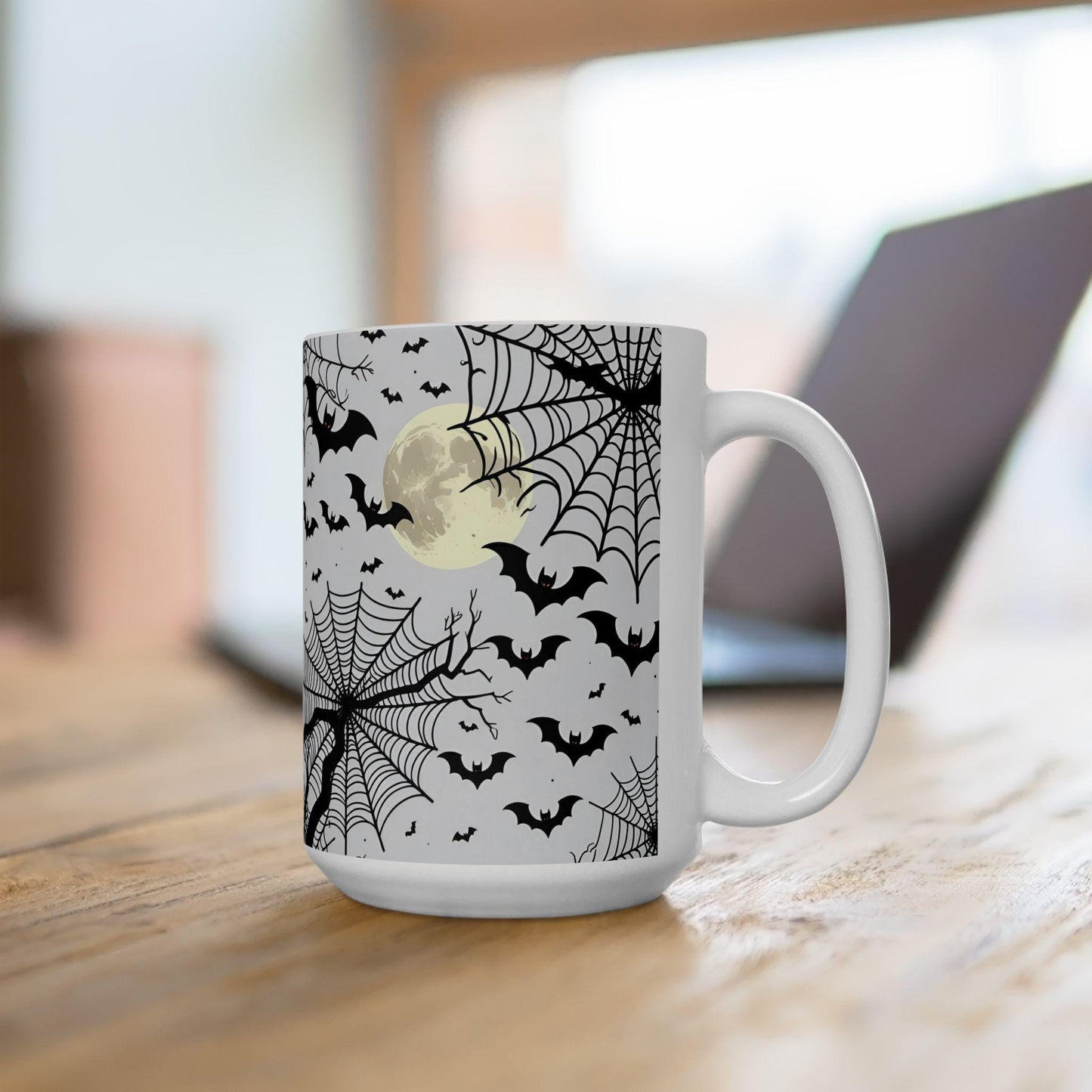 Mug Halloween 0.33 L/0.44 L, Tasse effrayante et mignonne chauves-souris, lune et toiles d’araignées | Cadeau original | Pumpkin Spice Latte