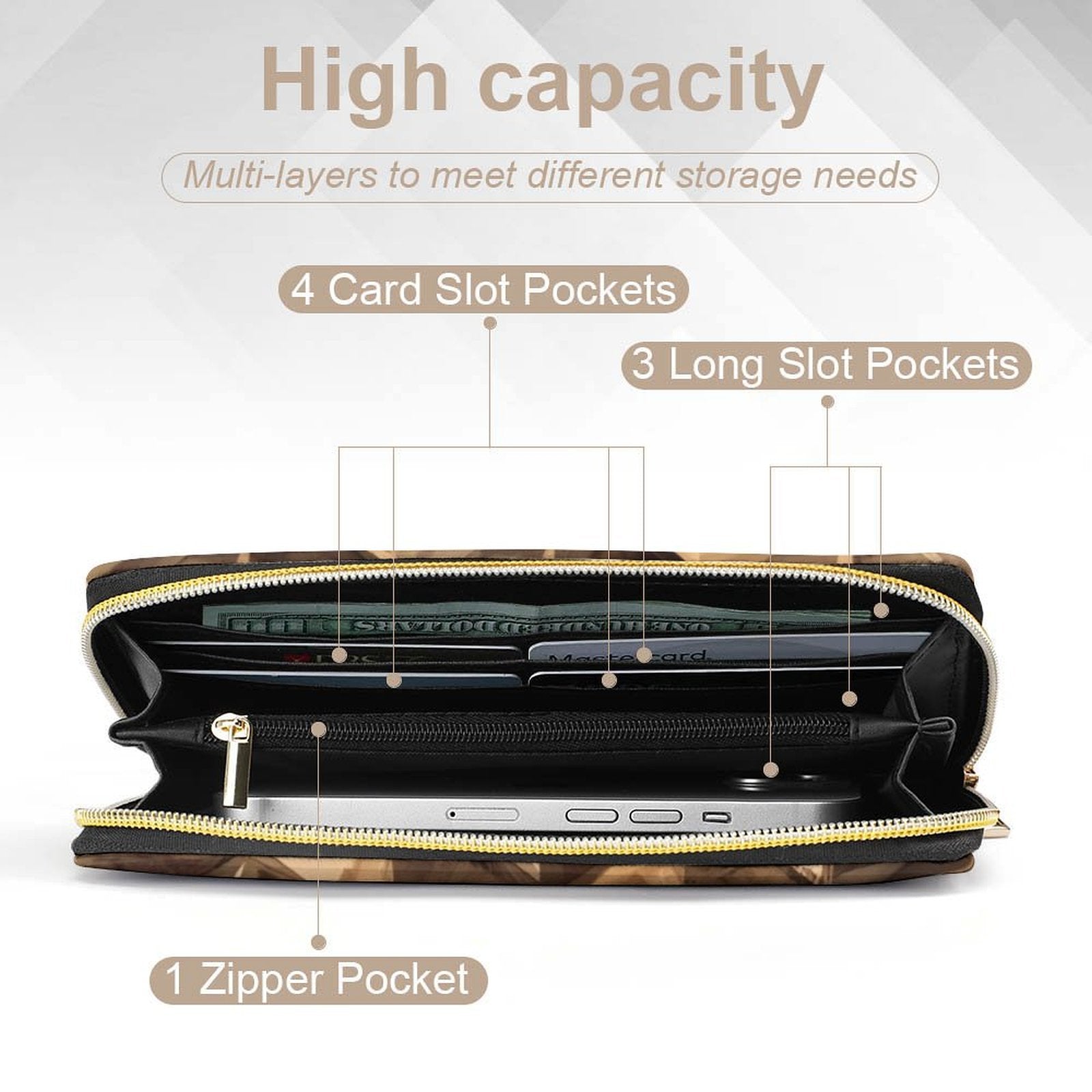 Portefeuille marron géométrique en cuir vegan haut de gamme – Style moderne et grande capacité - Big Smiles All Sizes