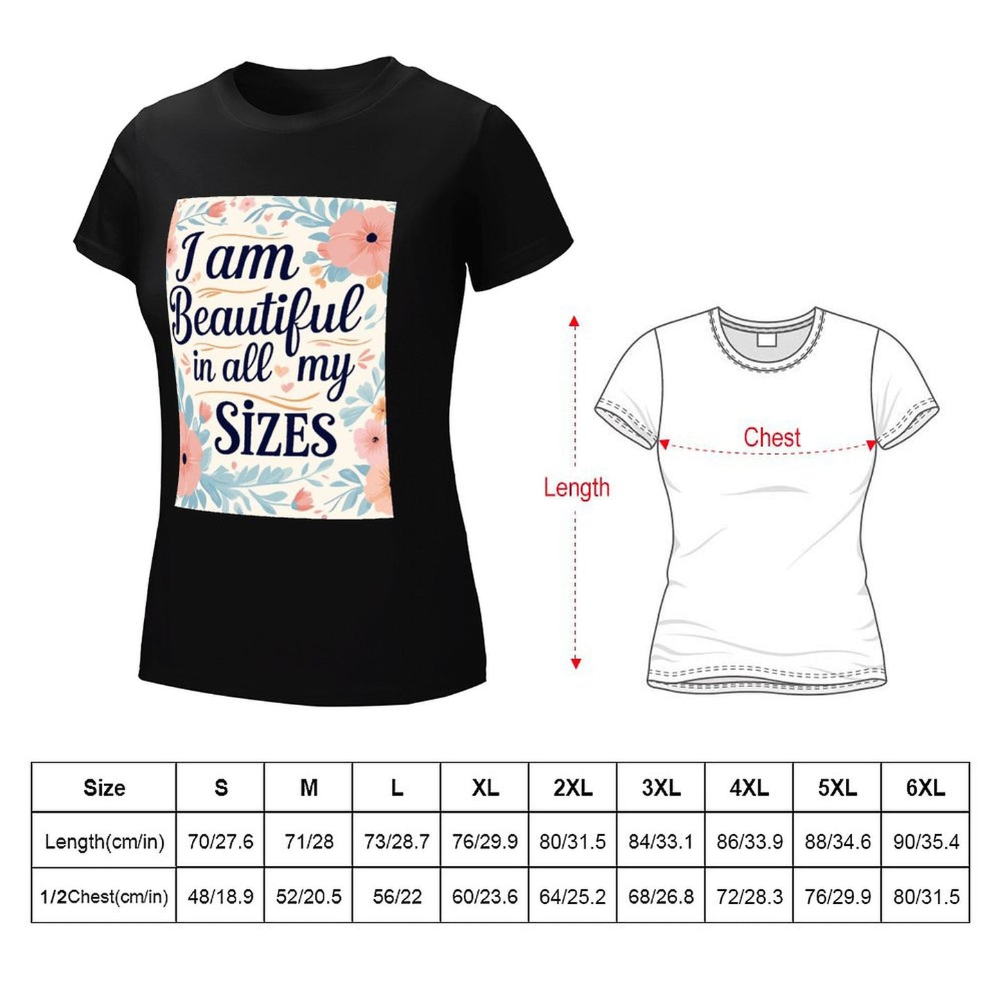 Camiseta de mujer «Soy guapa en todas mis tallas»: algodón de 190 g, impresión DTG HD, tallas S a 6XL