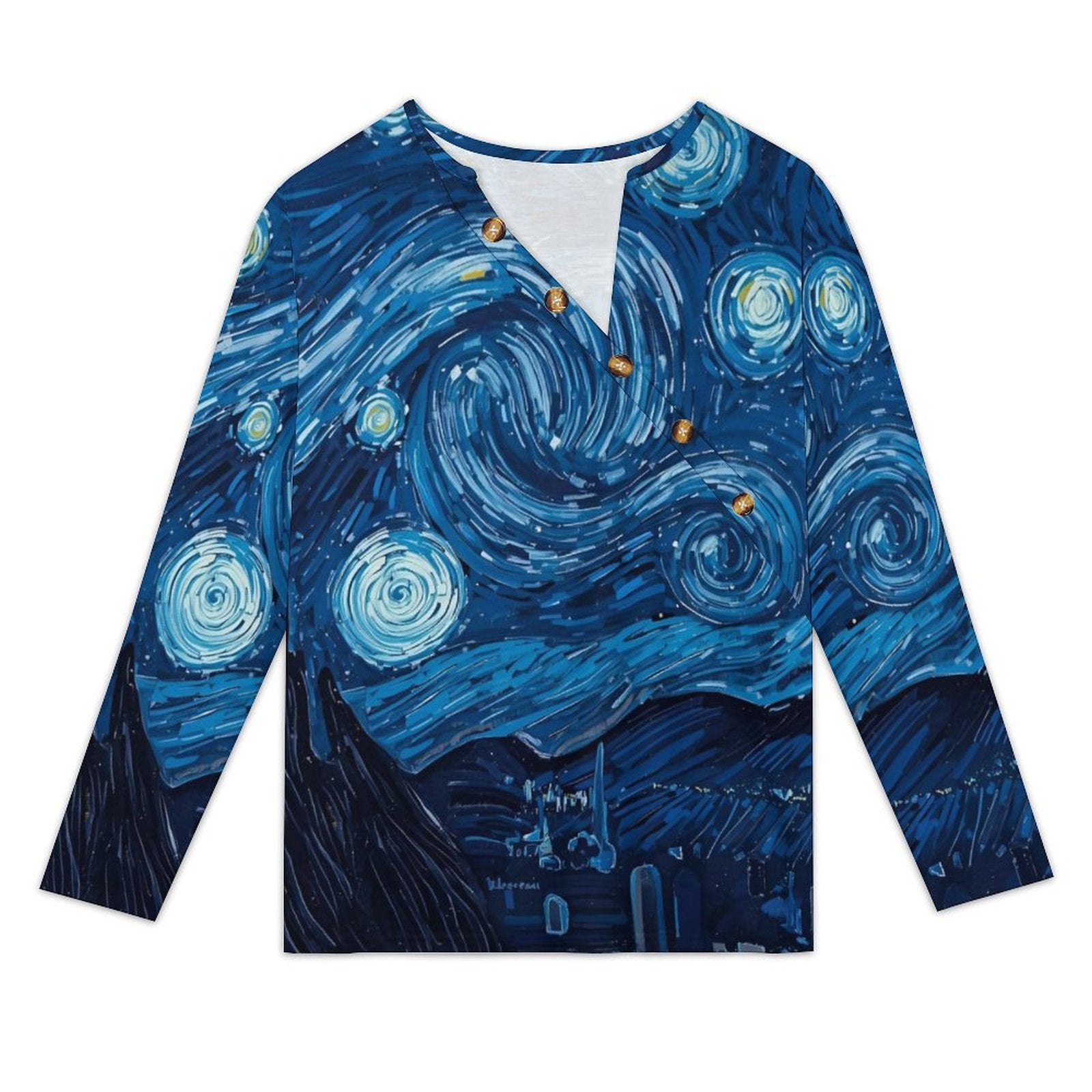 T-shirt manches longues femme – col asymétrique boutonné, imprimé “nuit étoilée” (S à 5XL) - Big Smiles All Sizes