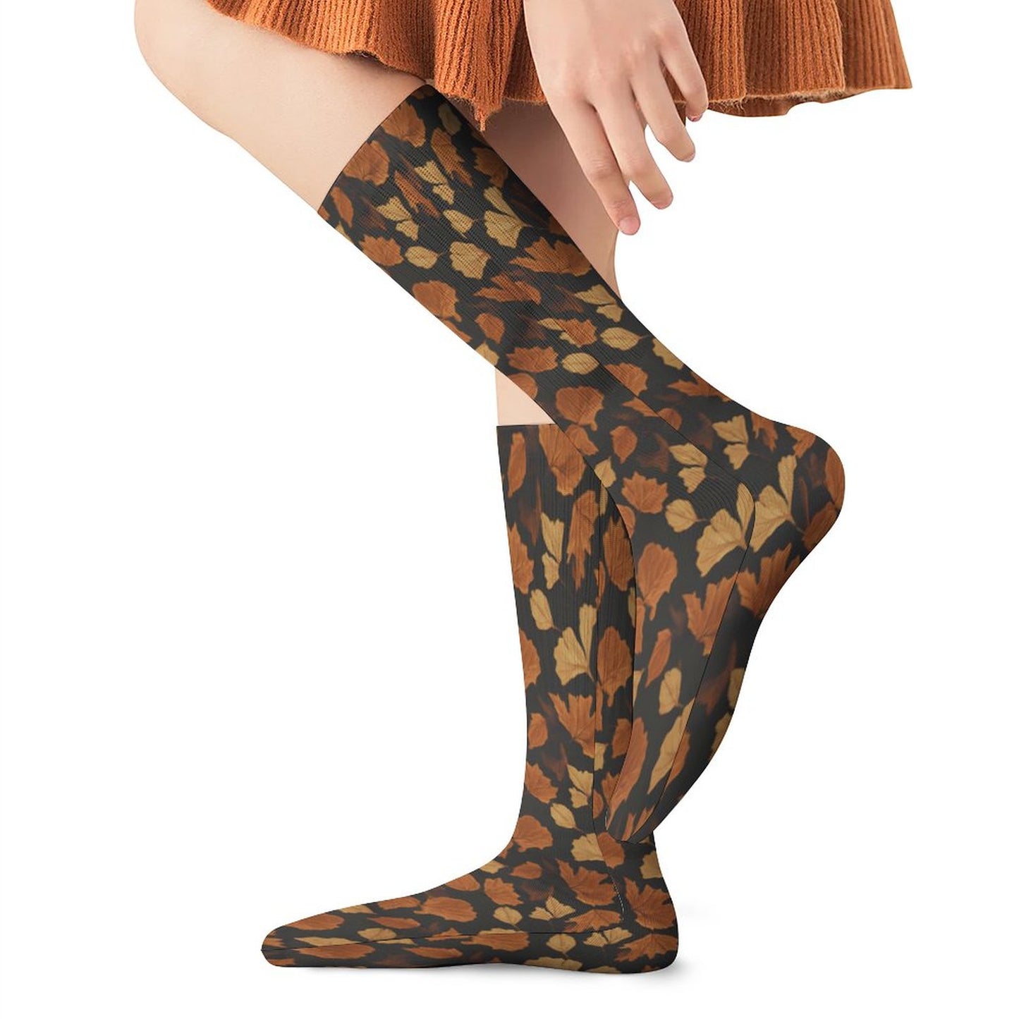 Chaussettes montantes feuilles d’automne – respirantes, anti-glisse & confort mollets – impression all-over | Big Smiles