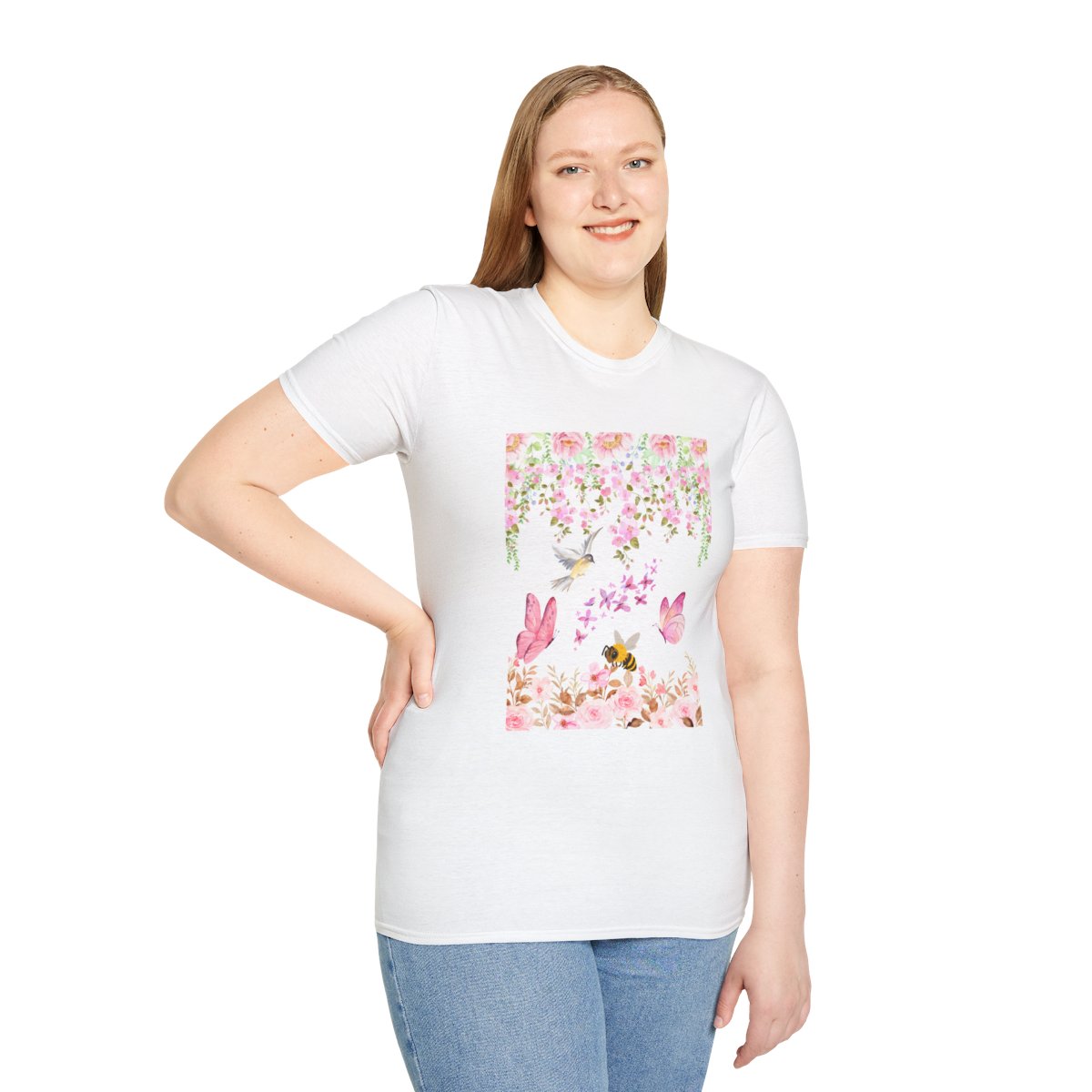 Camiseta unisex Floral Paradise: algodón suave, estampado de mariposas y flores, tallas XS a 5XL