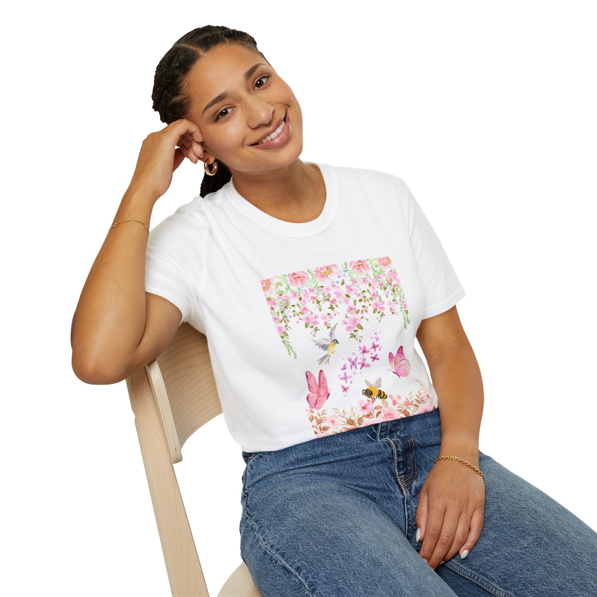 Camiseta unisex Floral Paradise: algodón suave, estampado de mariposas y flores, tallas XS a 5XL