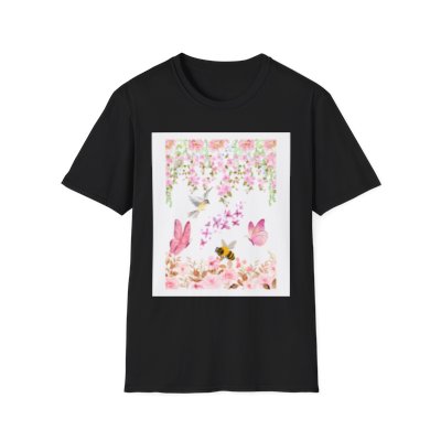 Camiseta unisex Floral Paradise: algodón suave, estampado de mariposas y flores, tallas XS a 5XL