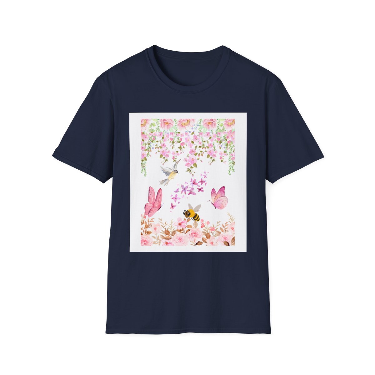 Camiseta unisex Floral Paradise: algodón suave, estampado de mariposas y flores, tallas XS a 5XL