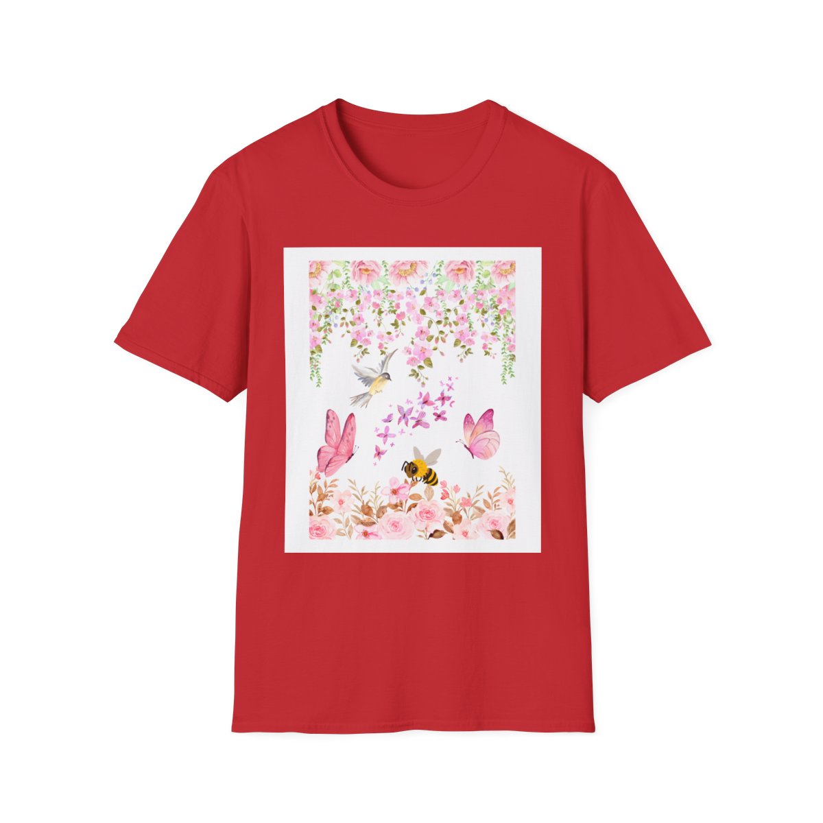 Camiseta unisex Floral Paradise: algodón suave, estampado de mariposas y flores, tallas XS a 5XL