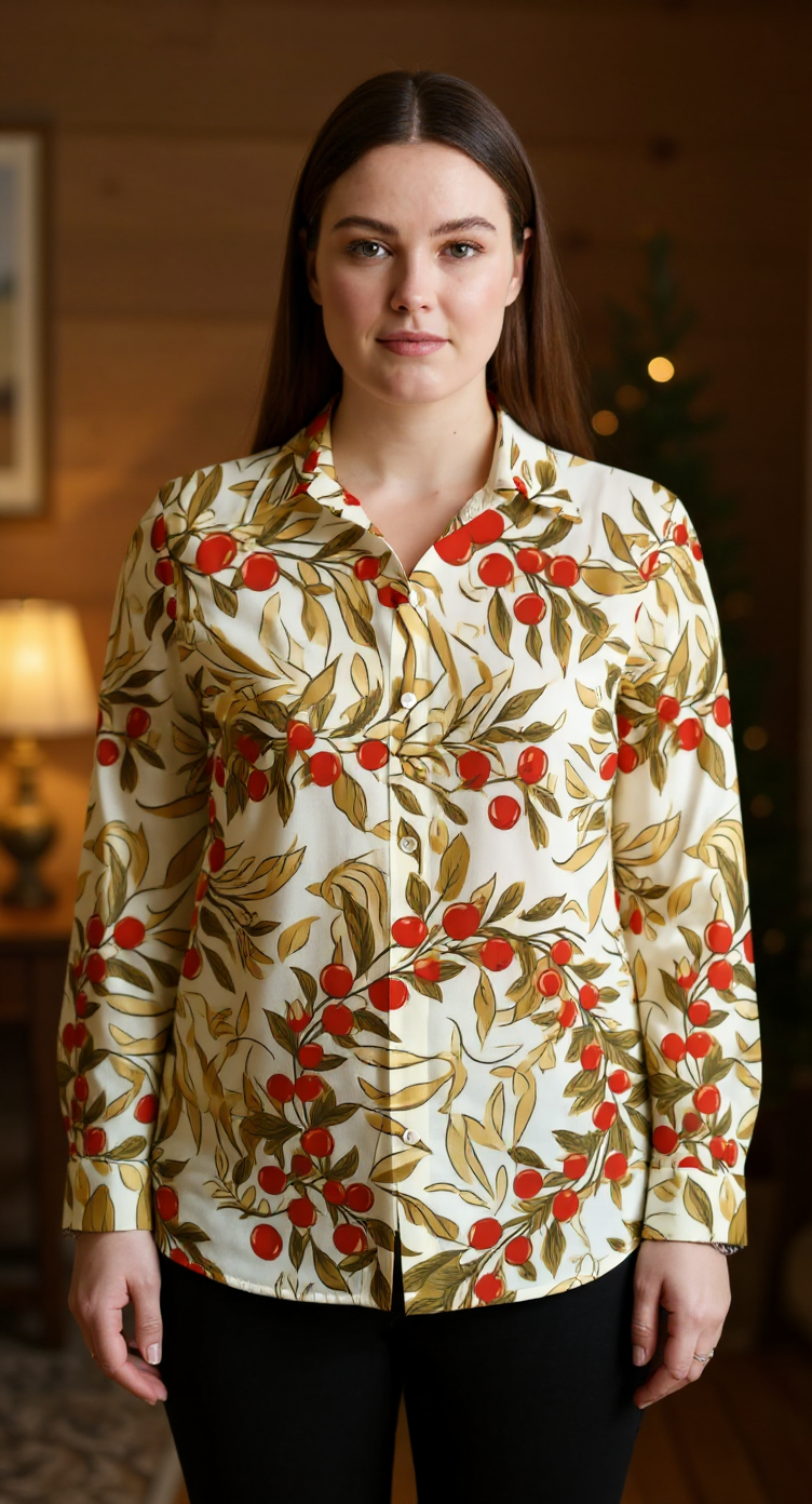 Chemise fluide imprimé cerises & feuillage – grande taille jusqu’au 5XL