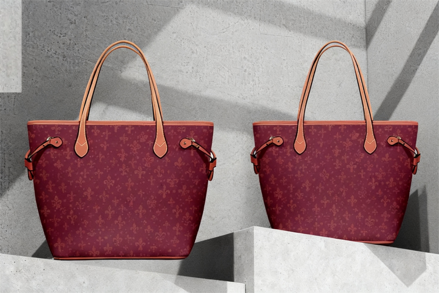 Bolso tote de piel vegana burdeos: elegancia floral, para llevar en la mano o cruzado.