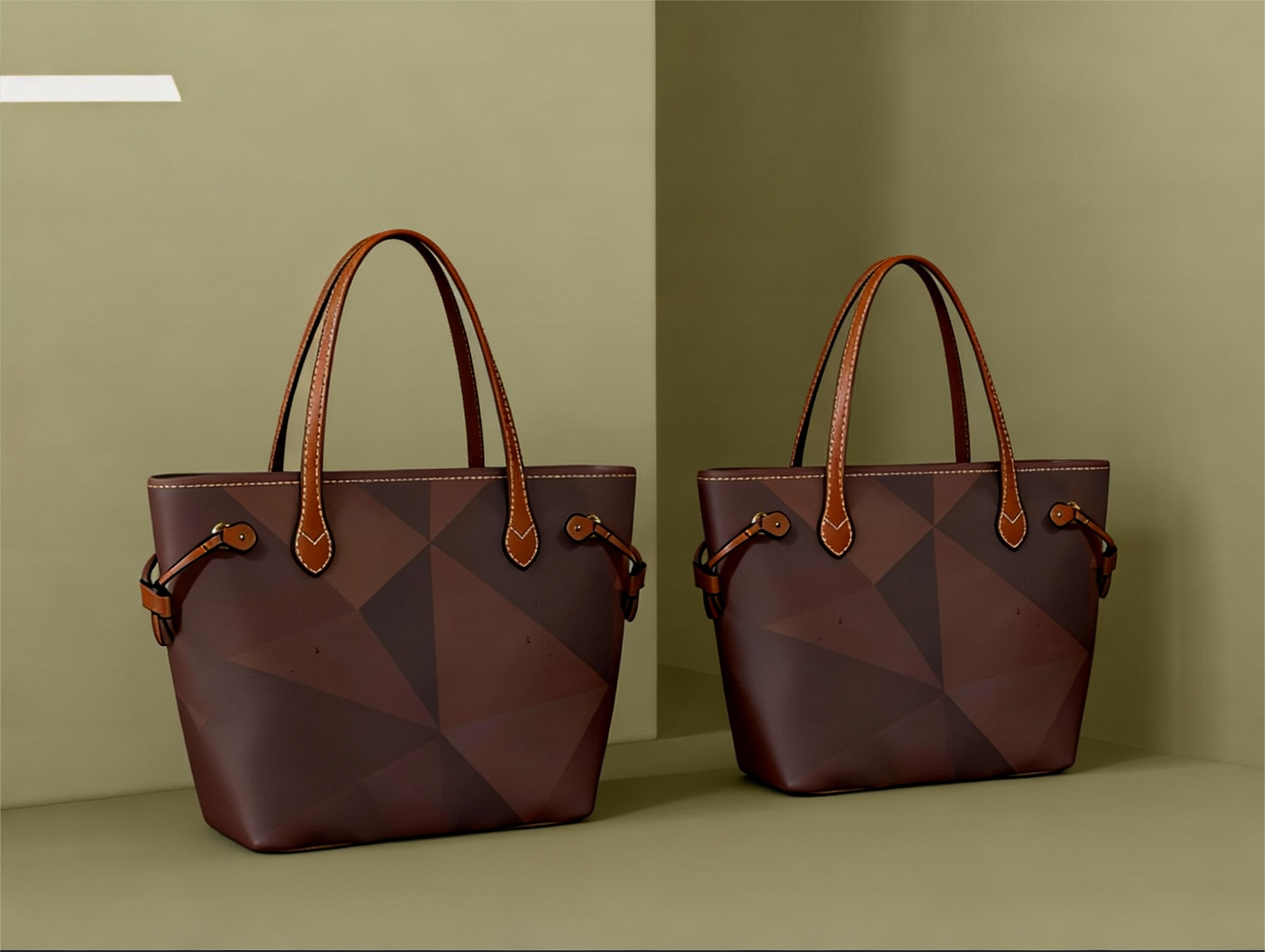 Brown vegan leather tote bag – Geometric elegance, hand-held or cross-body